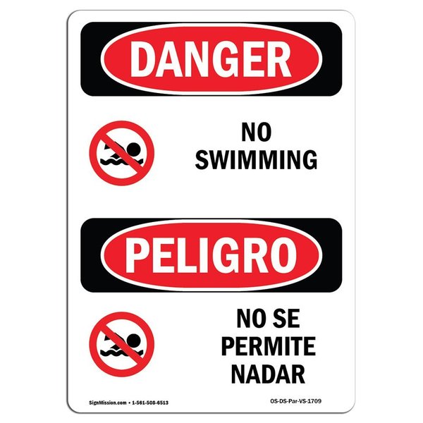 Signmission Safety Sign, OSHA Danger, 24" Height, Rigid Plastic, No Swimming Bilingual Spanish OS-DS-P-1824-VS-1709